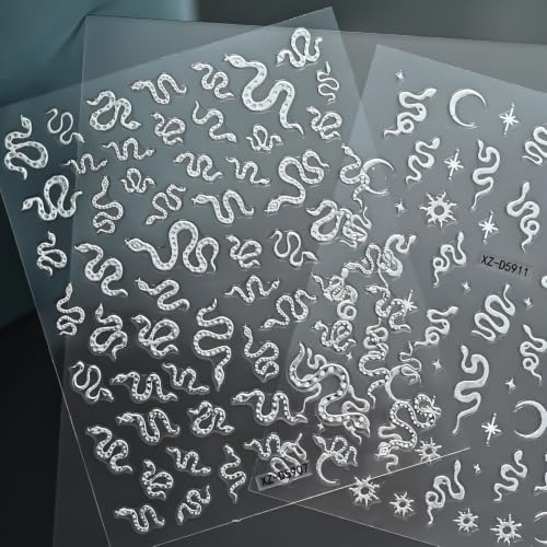 Silver Snake Nail Stickers with Star & Moon Design - Color12