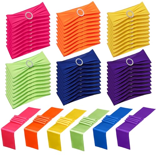 Multicolor Stretch Chair Sash Bands & Satin Table Runner Set - 54 Pcs