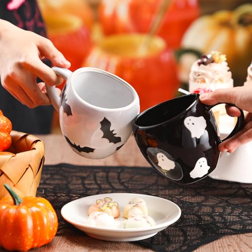 Halloween Coffee Mug Set - 14 oz Ceramic Ghost & Bat Cups, Spooky Holiday Drinkware