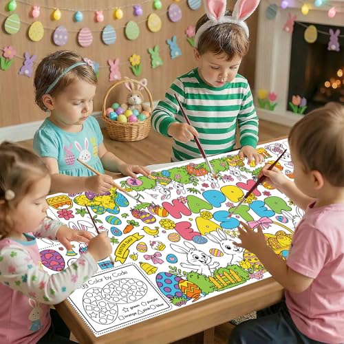 Large Easter Coloring Table Cloth - Spring Rabbits & Flowers Kids Poster - Easter Party Supplies - 30x72 Inches
