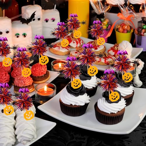 Halloween Firework Cupcake Toppers - 24 Pcs Spooky Pumpkin Bat Spider Decorations