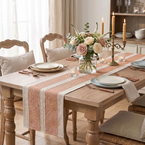 Caramel Braided Striped Rustic Chenille Table Runner 13x72 Inch for Autumn Fall Decor