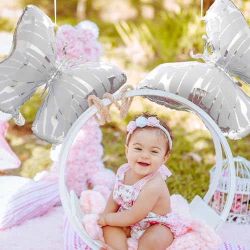 Silver Butterfly Balloons - 4 Pack Helium Foil Decorations for Wedding Birthday Baby Shower