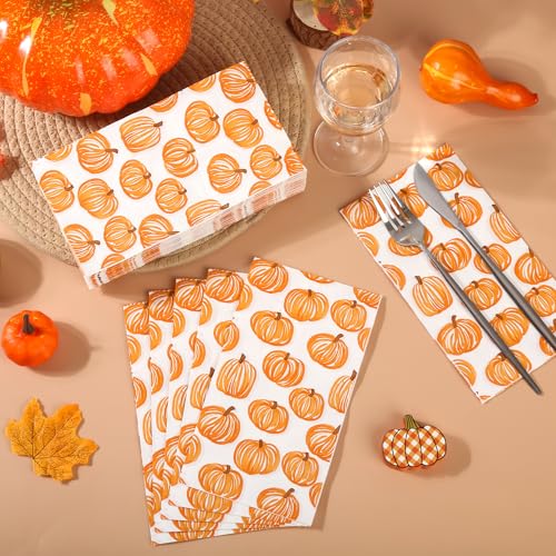 Pumpkin Autumn Fall Disposable Paper Napkins - 100 Pack, 3-Ply, Line-Art Design