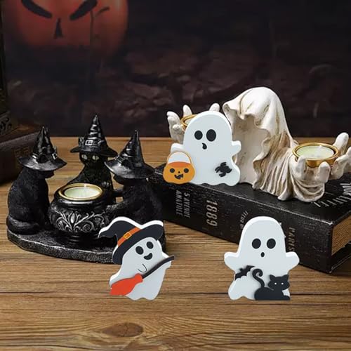 Halloween Ghost Decorations 3-Piece Wooden Indoor Table Decor Set