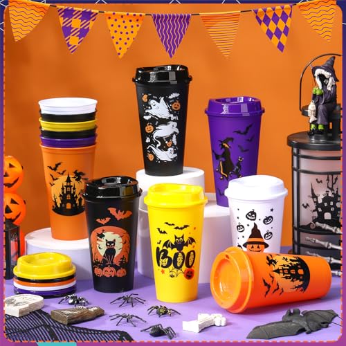 12 Pack Halloween Tumblers 16 oz Witch Plastic Cups with Lid - Spooky Drinkware