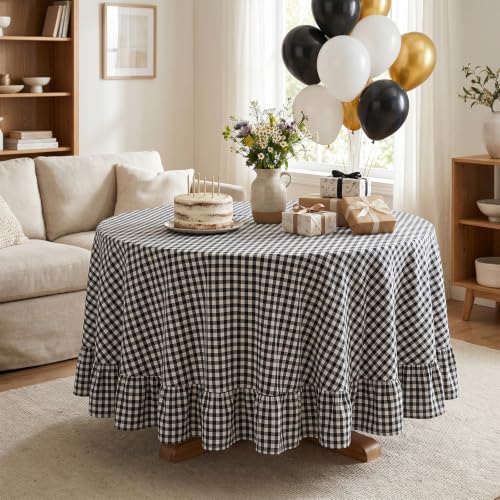 Black Gingham Ruffled Tablecloth 70 Inch Round Washed Cotton - SquarePie