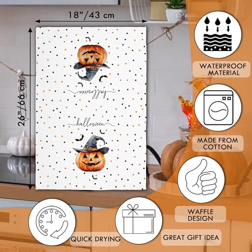 Halloween Kitchen Towels Set of 2 - White Ghost, Black Cat, Pumpkin & Bats Decor