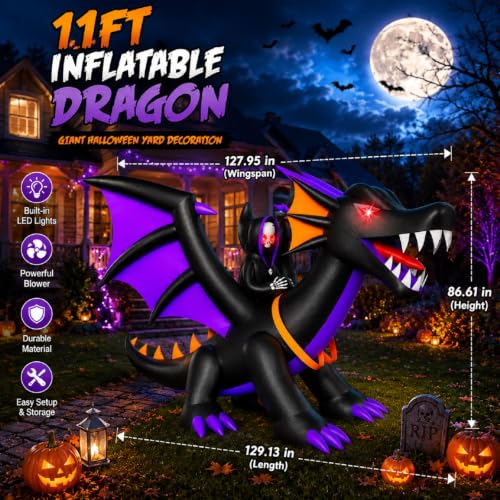 11FT Halloween Inflatable Dragon with LED Lights - Outdoor Yard Decor
