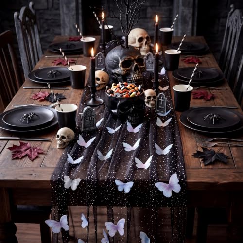 Halloween Black Butterfly Table Runner 9.8 ft Tulle Tablecloth for Parties