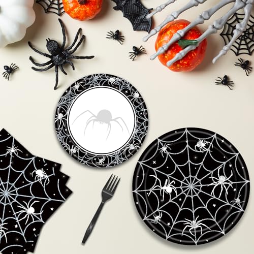 Halloween Spider Web Disposable Dinnerware Set - Black, Serves 24, Party Supplies