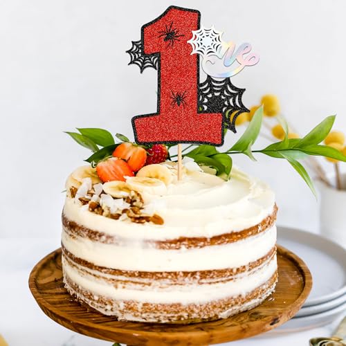 First 1 Number Cake Topper - Spider Web Birthday Party Decoration - Variation: One Red-9