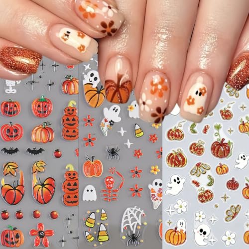 Halloween Nail Art Stickers Set - Ghost Pumpkin Spider Web Bat & Fall Leaves - Style04