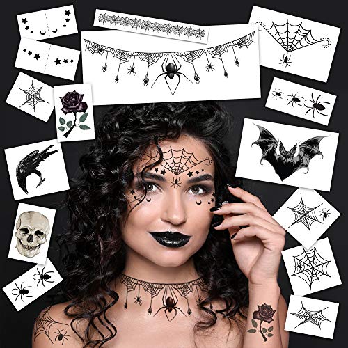 Spider Witch Halloween Temporary Tattoo Kit - 16 Waterproof Body Art Designs - Easy Costume Accessory