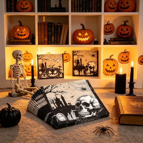 Gothic Halloween Paper Napkins - Disposable Skull Pumpkin Graveyard Design - 20 Pack - Napkin Variation