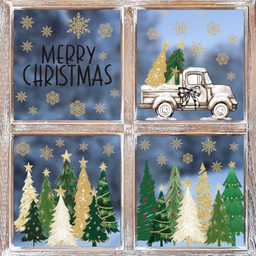 Christmas Window Cling Stickers - 68 PCS Holiday Tree Decorations, Track Christmas Tree Variation