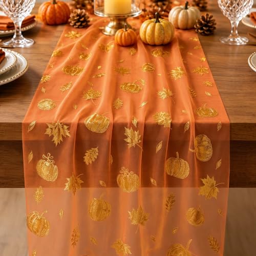 Fall Table Runner with Gold Foil Pumpkins Leaves 10FT - Color 01