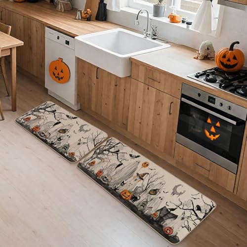Halloween Boo Dog Ghost Decorative Kitchen Rugs Set of 2, 17x29 & 17x47 Inch - Multi-Color