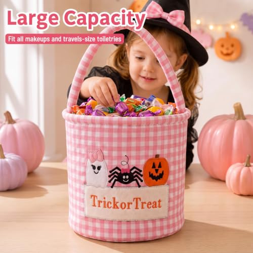 Pink Trick or Treat Halloween Candy Basket with Bow - Kids Gingham Tote