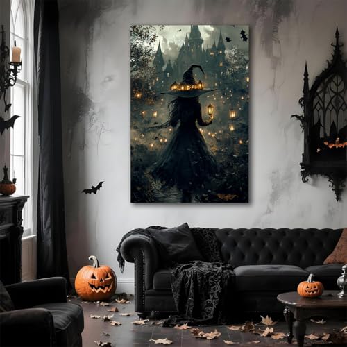 Halloween Witch and Haunted House Canvas Wall Art - Style 3 24x16 Inches Halloween Decor