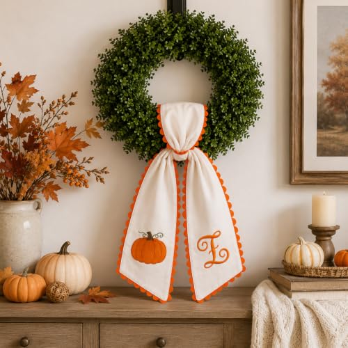 Halloween Pumpkin Wreath Sash - Fall Front Door Decor with Bow - Variation C