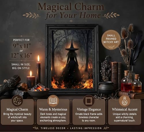 Halloween Flame Witch Canvas Wall Art - Black Framed 9x11in, Variation: Fire Witch