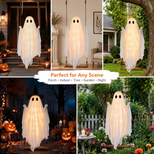 Lighted 5FT Outdoor Swinging Ghost Decor with Witch Hat - Halloween Yard Display