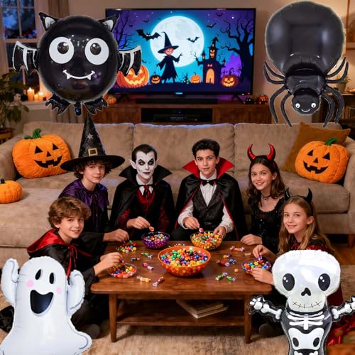 Halloween Skeletons, Ghost, Bat & Spider Foil Balloons Set - Black H