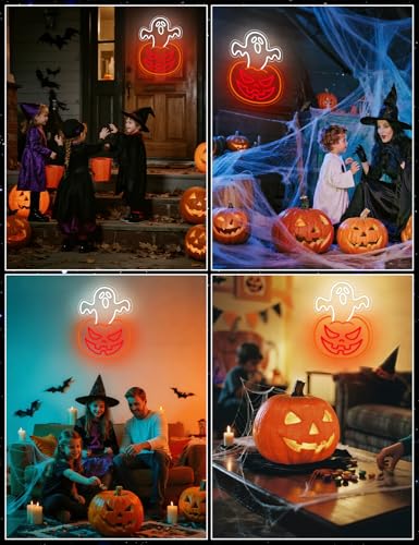 Ghost Pumpkin Halloween Neon Window Lights - Indoor Wall Decor, LED Sign, Party Decoration