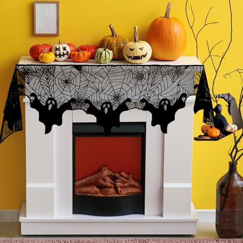 Halloween Mantle Scarf Ghost Spider Web Lace Fireplace Cover - Black Embroidered, 79 x 20 Inches - Ghost Variation