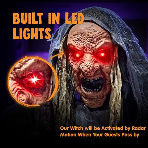 Gray Halloween Animatronic Hunchback Witch with Lights & Creepy Sounds - Outdoor & Indoor Decor