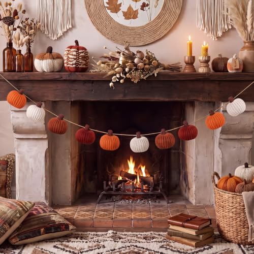 Rustic Fall Pumpkin Garland Crochet Thanksgiving Decor - 8.2 ft Colorful