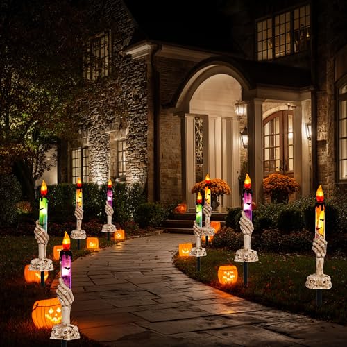 Halloween Skeleton Hand Lighted Candle Set - Purple, Orange, Green | 10 Pack Battery Operated Pathway Decor