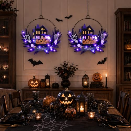 Purple Pumpkin Halloween Wreath with Lights - 15.7 Inch Timer Decor