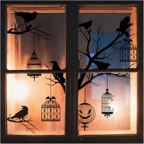 Halloween Window Bird Decals - Gothic Crow Stickers for Glass, 9 Sheets - Black Halloween Bird Variation