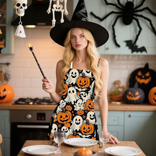 Halloween Funny Apron for Men Women Kitchen Grilling Cooking Pumpkin Ghost Skull