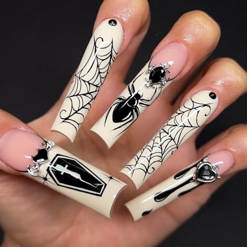 IMSOHOT Halloween Extra Long Square Press-On Nails with Black Spider Web Design - White & Black 77B-0014