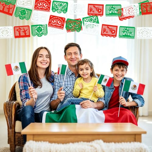 Mexican Independence Day Red Green White Papel Picado Banner - 15.8ft