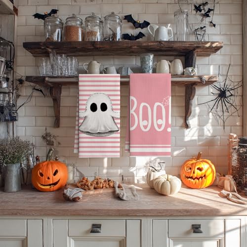 Pink Ghost Halloween Kitchen Towels Set of 4 - 18x26 Microfiber Dish Towels, Quick Dry