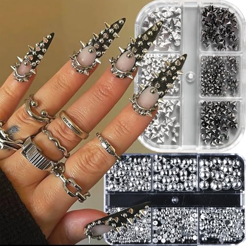 Mini Metal Punk Nail Art Studs Set - Gold & Black 3D Cone & Steel Balls