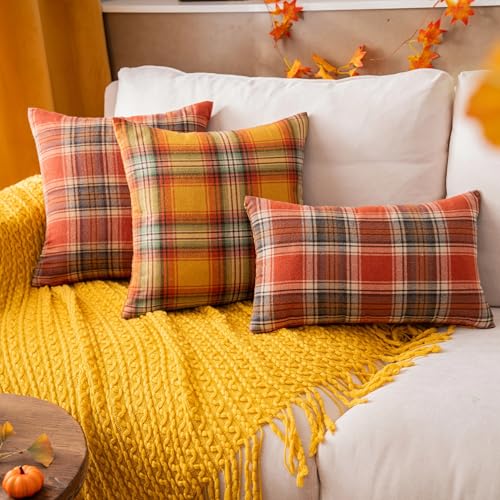 Fall Plaid Yellow Throw Pillow Covers Set of 2 - 12x20 Inch Autumn Decor