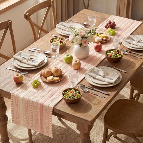 Pink Farmhouse Striped Braided Table Runner 12x120 Inch - Artoid Mode