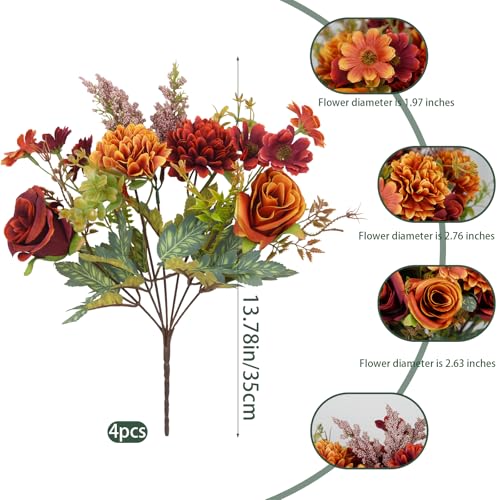 Artificial Fall Flowers Bouquet Set - Orange & Red Faux Autumn Flowers for Decor