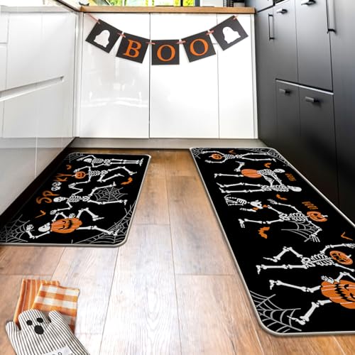 Halloween Gothic Skeleton Kitchen Rugs Set of 2 - Spooky Jack O Lantern & Bat Floor Mats - Skeleton Variation