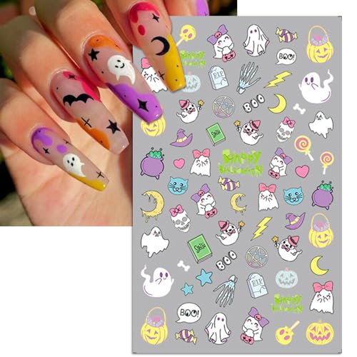 Halloween Nail Art Stickers Mix - Gradient Pumpkin Horror Mask Spider Web Design, 3D Self-Adhesive Decals, 5 Sheets
