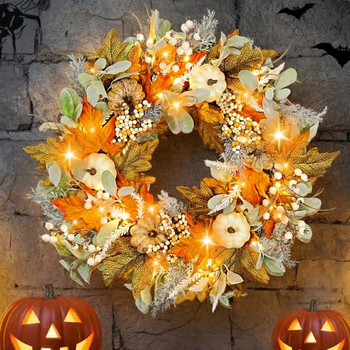 Yellow 24-Inch Pre-Lit Harvest Fall Wreath for Front Door - Thanksgiving Decor
