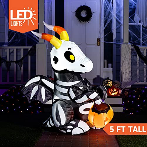 Halloween Inflatable Skeleton Dragon Light Up Yard Decor - 5 FT Tall, Outdoor Blow Up Decoration with LEDs & Stakes - Skeleton Dragon Variation