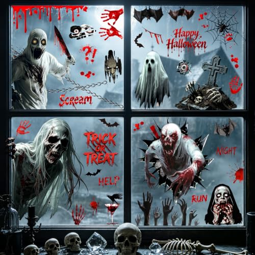 Halloween Window Clings - Scary Bloody Zombie Handprints & Bat Decals - Ghost Variation