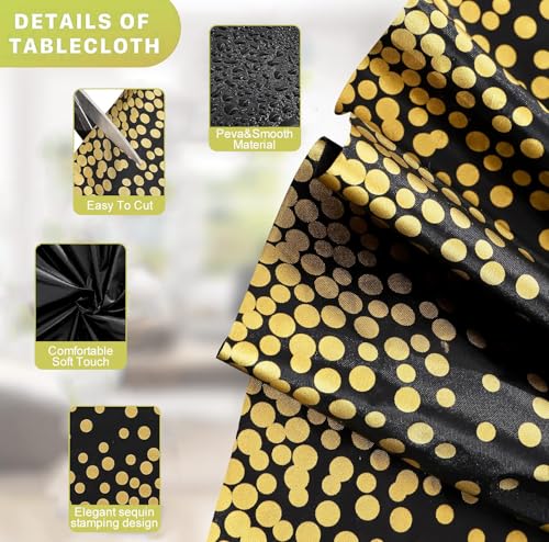Black and Gold Satin Table Runners and Plastic Tablecloth Set - 3 Piece