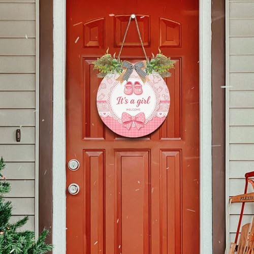 It's a Girl Wreath Door Hanger for Front Door with Plaid Bow Welcome Baby Sign 12in Variation of This Listing
